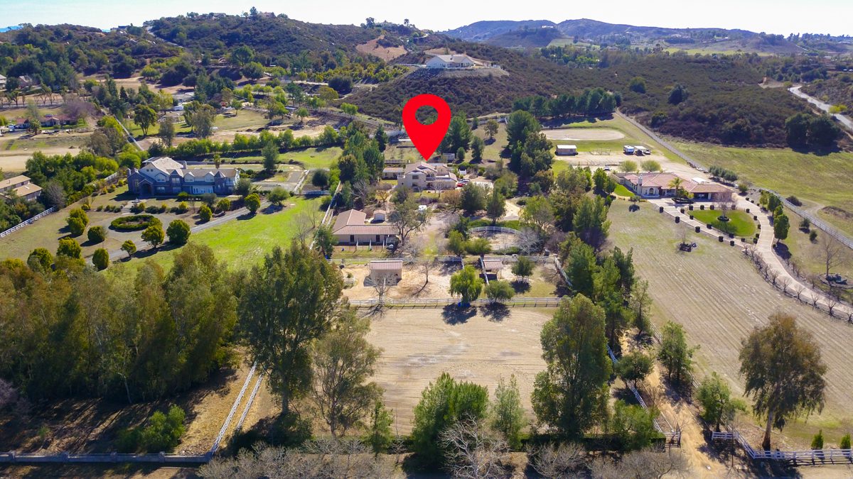 Aerial view of ranch land and riding trails in the La Cresta area of Riverside County