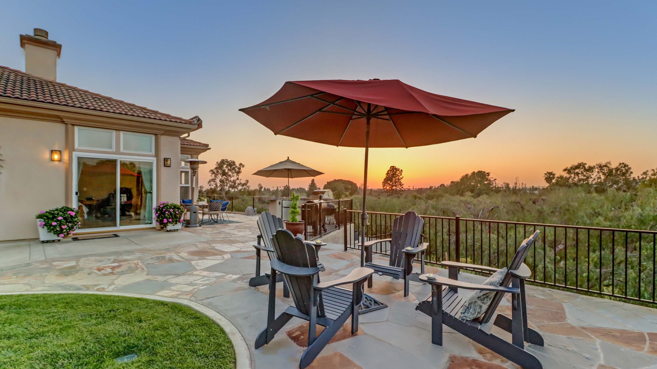 Patio at sunset overlooking the hills on a Southern California property