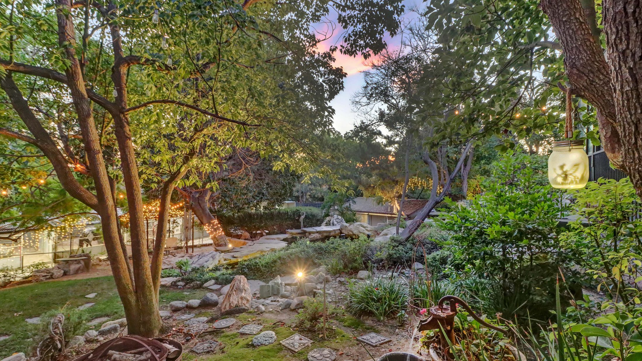Oak-shaded garden and patio on a Southern California property
